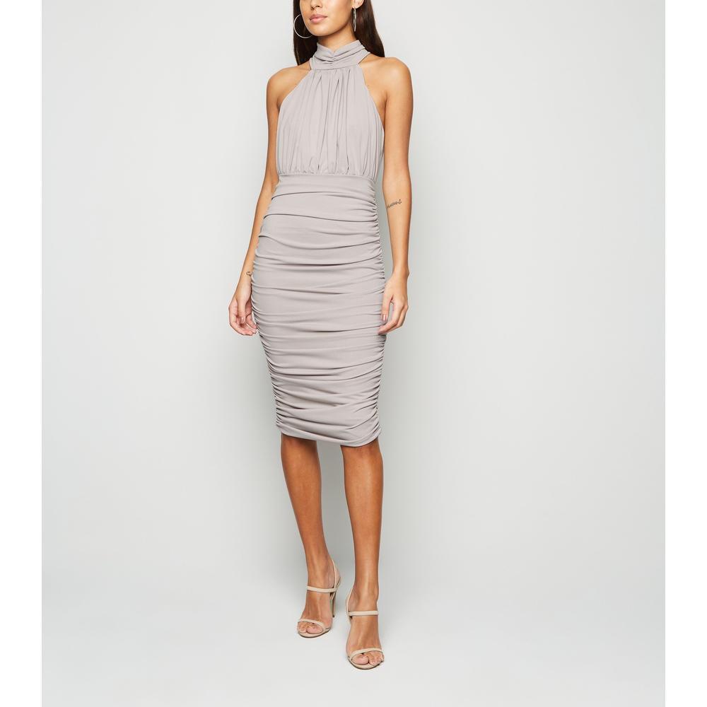 AX Paris Women's Silver High Halter Neck Ruched Bodycon Midi Dress Size: 12, New